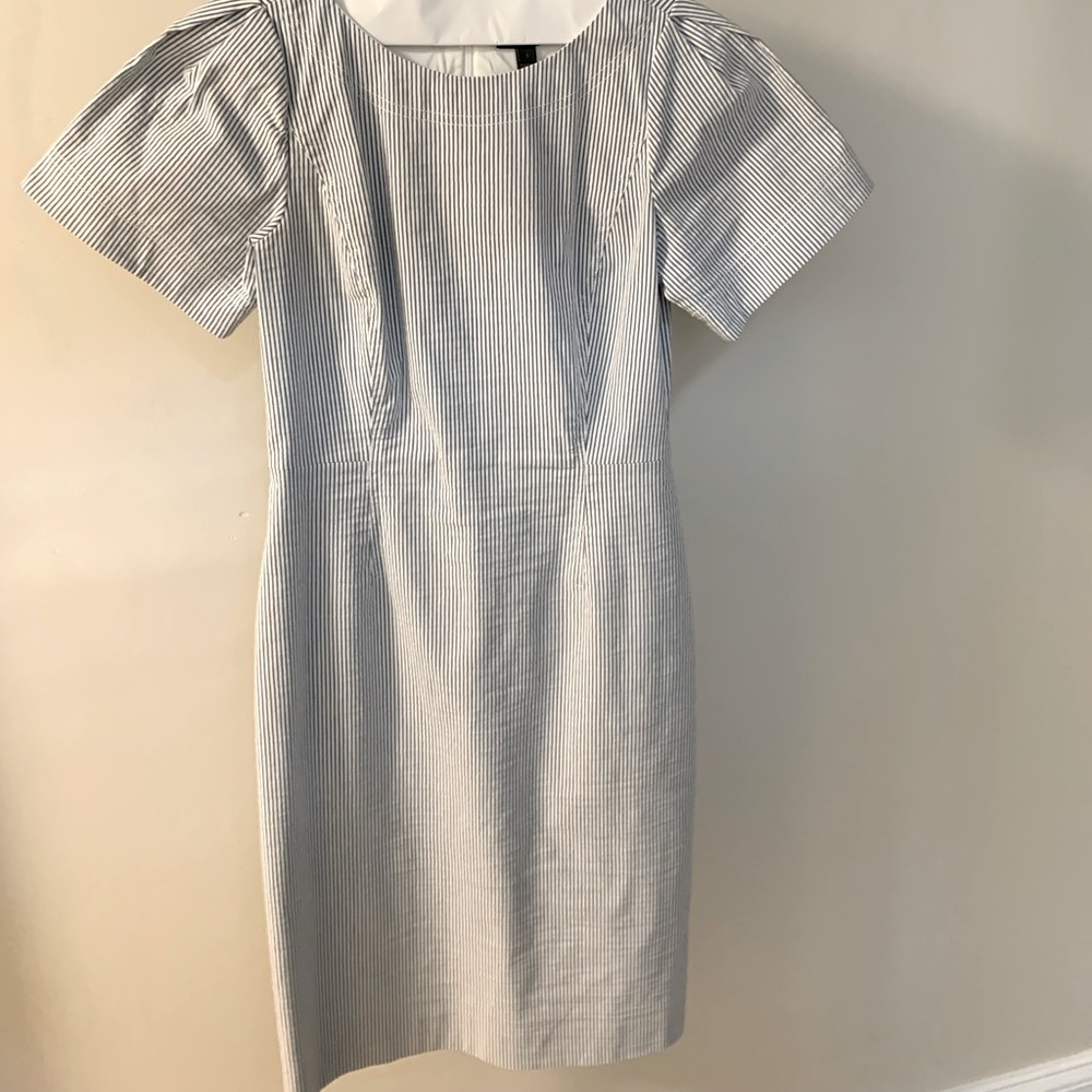 J. Crew seersucker dress with slightly puffed sleeves. Blue and white. Fitted.